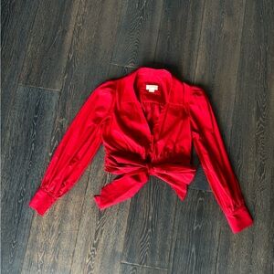 Anthropologie Maeve Red Cropped Poplin Tie Blouse